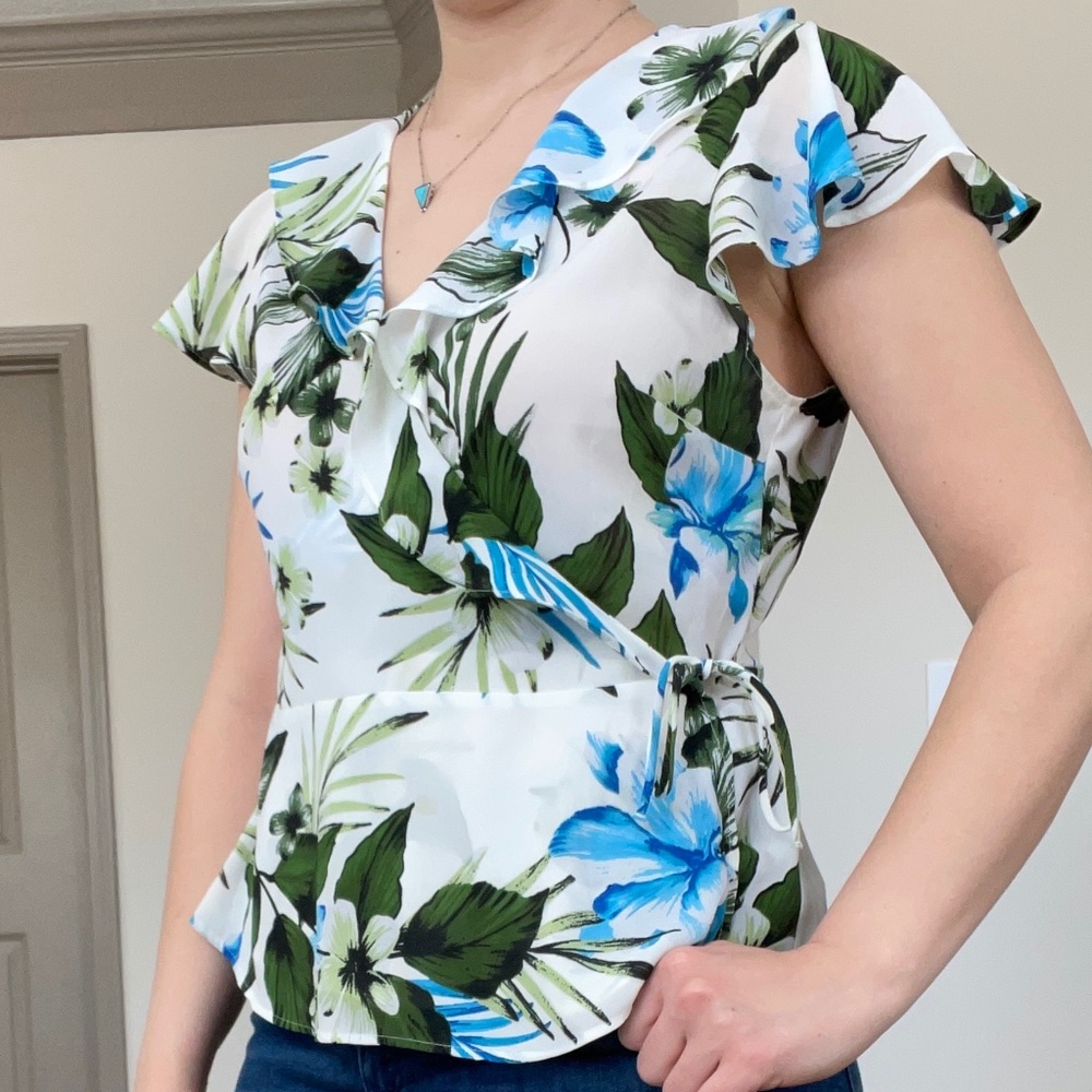 Ruffle green print blouse